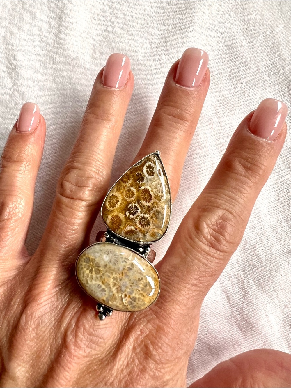 925 MASSIVE Petoskey Stone Fossil Ring 8.25 - Picture 3 of 8
